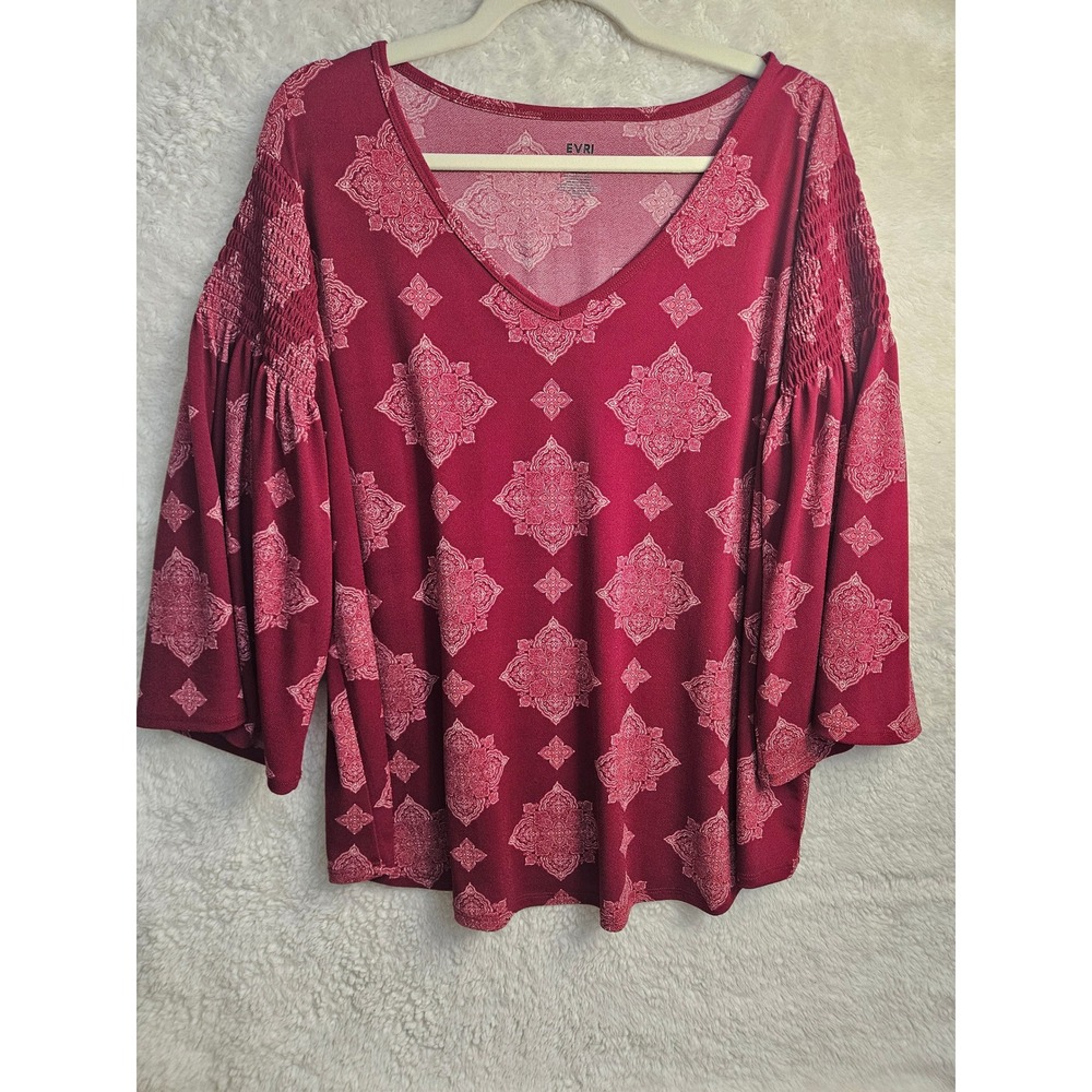 EVRI Plus Mandala Print Boho Bell Sleeve Top‎ 1X Zen Print Smocked #540